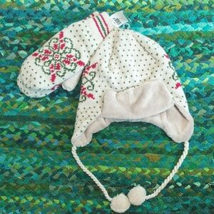 L.L. Bean Cream Knit Earflap Hat and Mittens with Pink and Green Snowflakes